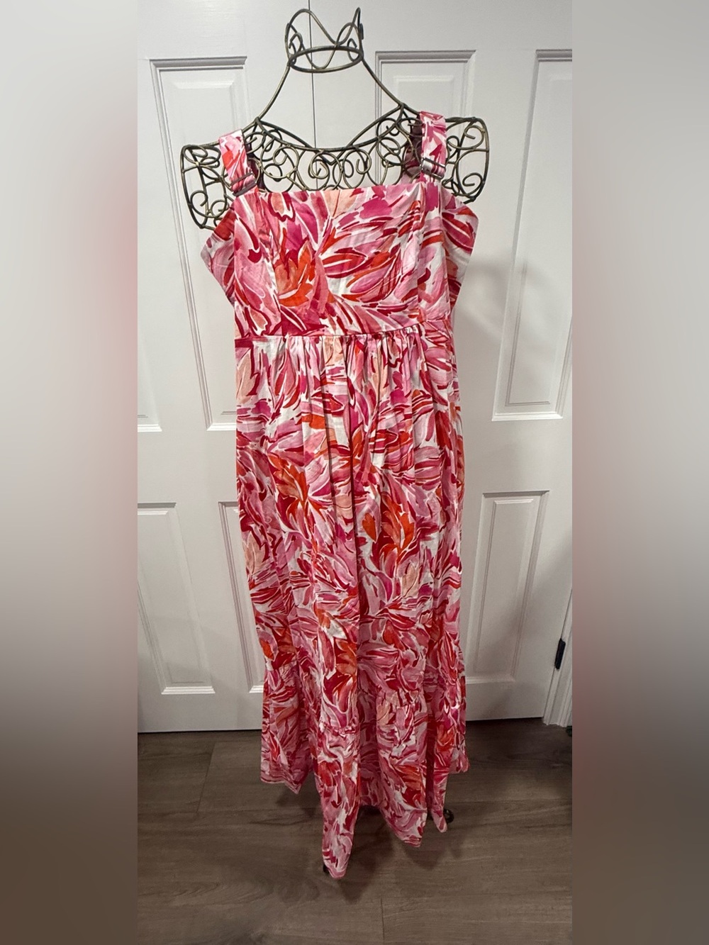 Red/Pink Floral Maxi Dress -  Summer Sundress, adjustable straps with pockets